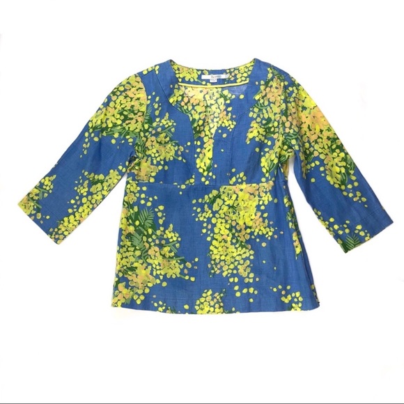 Boden Tops - Boden linen floral blue yellow top blouse tunic